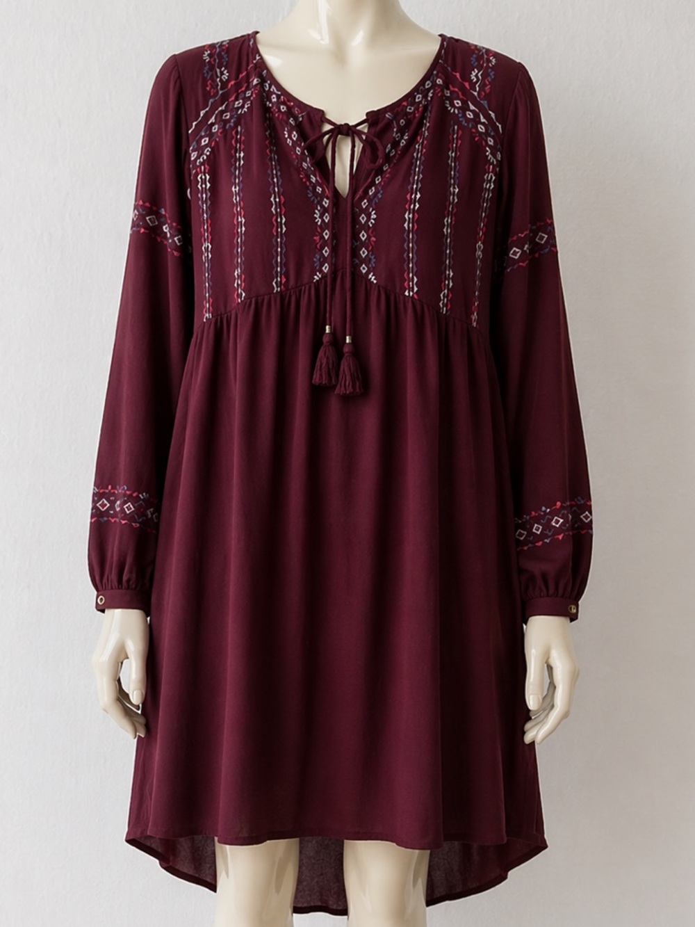 Knox Rose Burgundy Embroidered Tassel Mini Dress, Size M